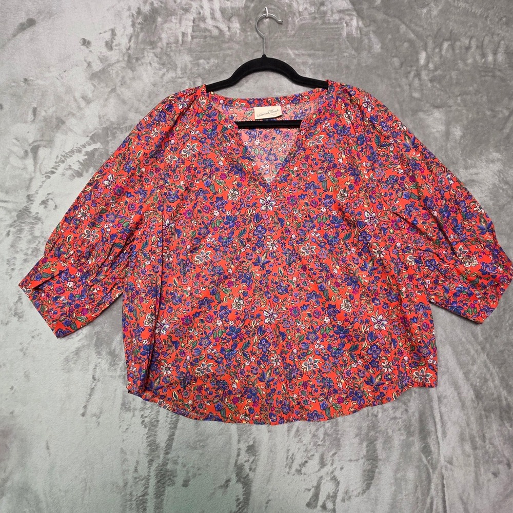 Universal Thread Womens XL Orange Floral V-Neck Balloon Sleeve Cotton Blouse